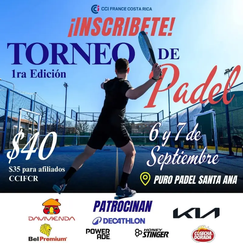 Que hacer hoy en Costa Rica: El 6 y 7 de septiembre viví la 1ra edición del Torneo de Pádel en Puro Pádel Santa Ana. Inscripción general $40 y $35 para afiliados a la Cámara.