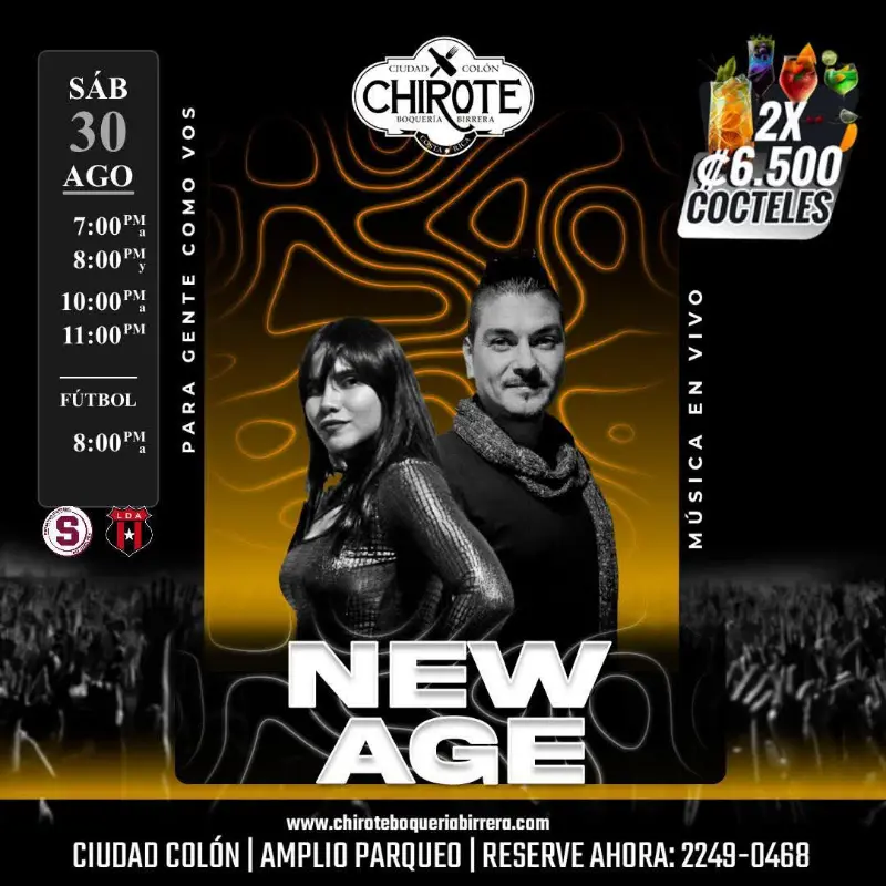 Que hacer hoy en Costa Rica: Este sábado 30 de agosto disfrutá de New Age en Chirote Boquería con charanga, despecho, plancha, rock y más. Entrada gratuita.