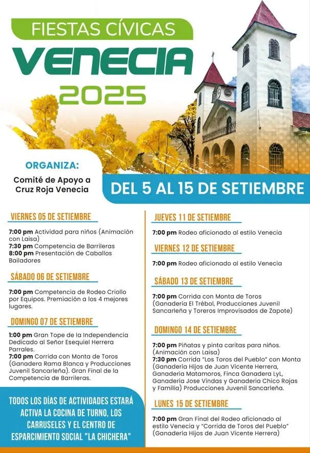 Que hacer hoy en Costa Rica: Del 5 al 15 de setiembre viví las Fiestas Cívicas de Venecia con rodeos, tope, corridas de toros, comidas típicas y más.