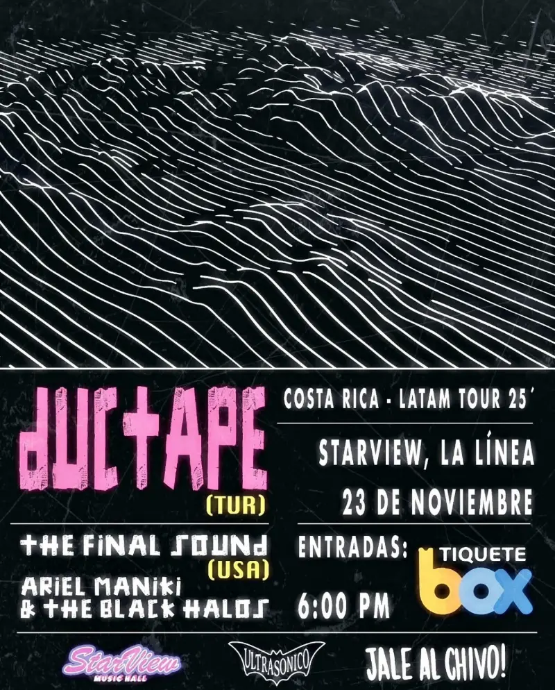 Que hacer hoy en Costa Rica: El dúo post-punk/darkwave Ductape llega por primera vez a Costa Rica junto a The Final Sound y Ariel Maniki & The Black Halos.