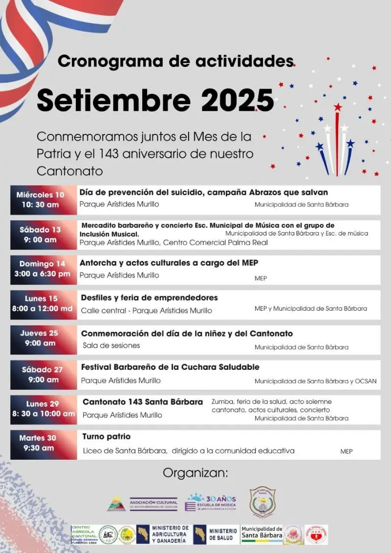 Que hacer hoy en Costa Rica: Cronograma del Mes de la Patria y 143 aniversario del cantonato: actividades cívicas, culturales y familiares durante setiembre 2025.