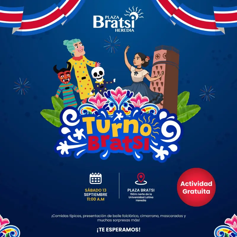 Que hacer hoy en Costa Rica: Fiesta gratuita con cimarrona, bailes folclóricos, mascaradas y comidas típicas en Plaza Bratsi.