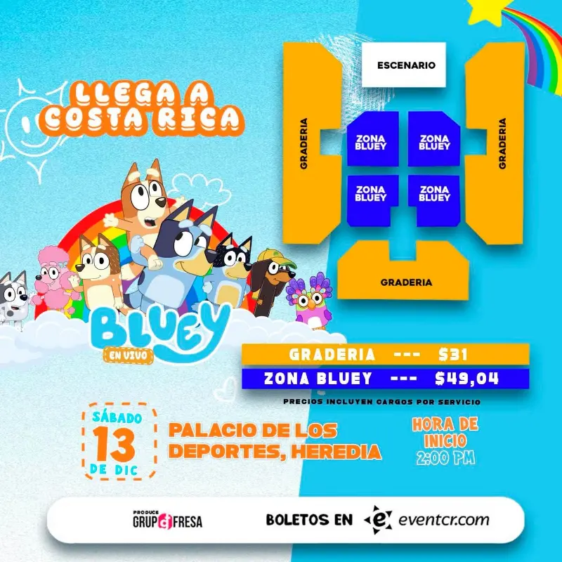 Que hacer hoy en Costa Rica: El show infantil de Bluey llega al Palacio de los Deportes en Heredia.