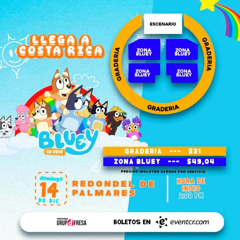 Que hacer hoy en Costa Rica: El show infantil de Bluey llega al Redondel de Palmares.