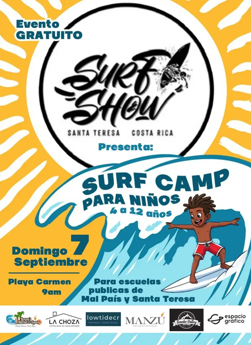 Que hacer hoy en Costa Rica: Un campamento gratuito de surf para niños de 4 a 12 años en Playa Carmen, Santa Teresa.