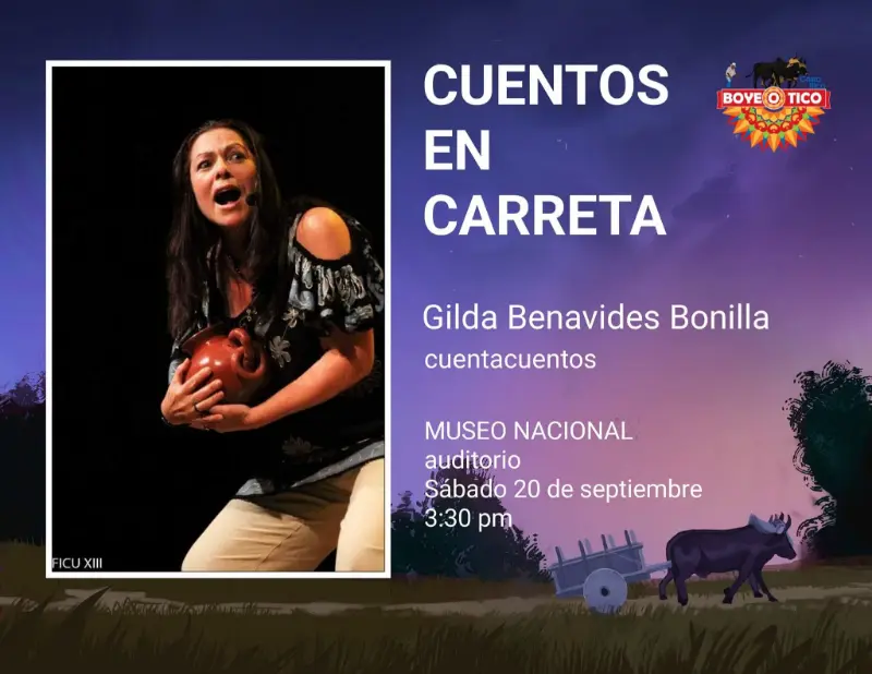 Que hacer hoy en Costa Rica: La cuentacuentos Gilda Benavides Bonilla presenta 'Cuentos en Carreta' en el auditorio del Museo Nacional este 20 de septiembre.