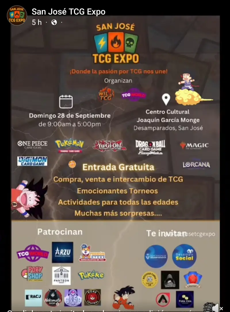 Que hacer hoy en Costa Rica: El 28 de septiembre disfrutá la San José TCG Expo con torneos, intercambio y venta de cartas, actividades y muchas sorpresas.