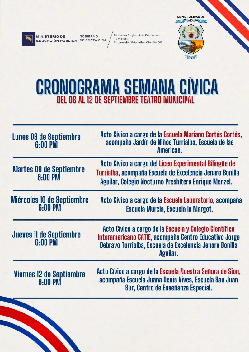 Que hacer hoy en Costa Rica: Del 8 al 15 de septiembre Turrialba celebra el Mes de la Patria con actos cívicos, desfiles, premiaciones y conciertos gratuitos.