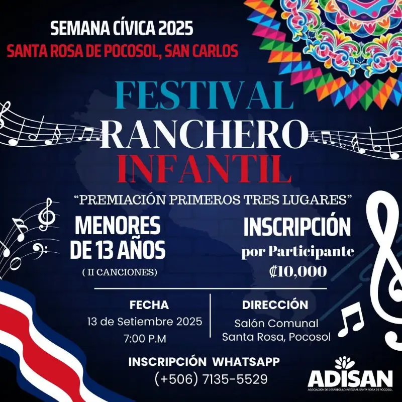 Que hacer hoy en Costa Rica: Niños menores de 13 años demostrarán su talento ranchero en el Festival Ranchero Infantil con premiación a los tres primeros lugares.