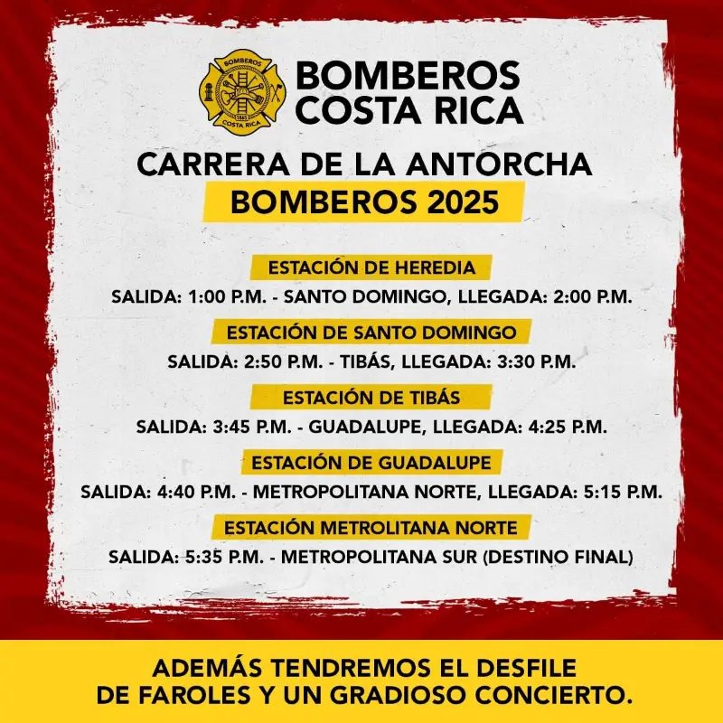 Que hacer hoy en Costa Rica: El Benemérito Cuerpo de Bomberos de Costa Rica celebra la independencia con la tradicional Carrera de la Antorcha, desde Heredia hasta la Estación Metropolitana Sur en San José.