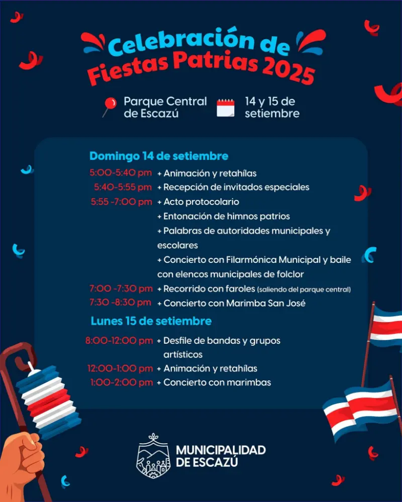Que hacer hoy en Costa Rica: El 14 y 15 de septiembre celebrá la independencia en el Parque Central de Escazú con desfiles, conciertos y actividades patrias.
