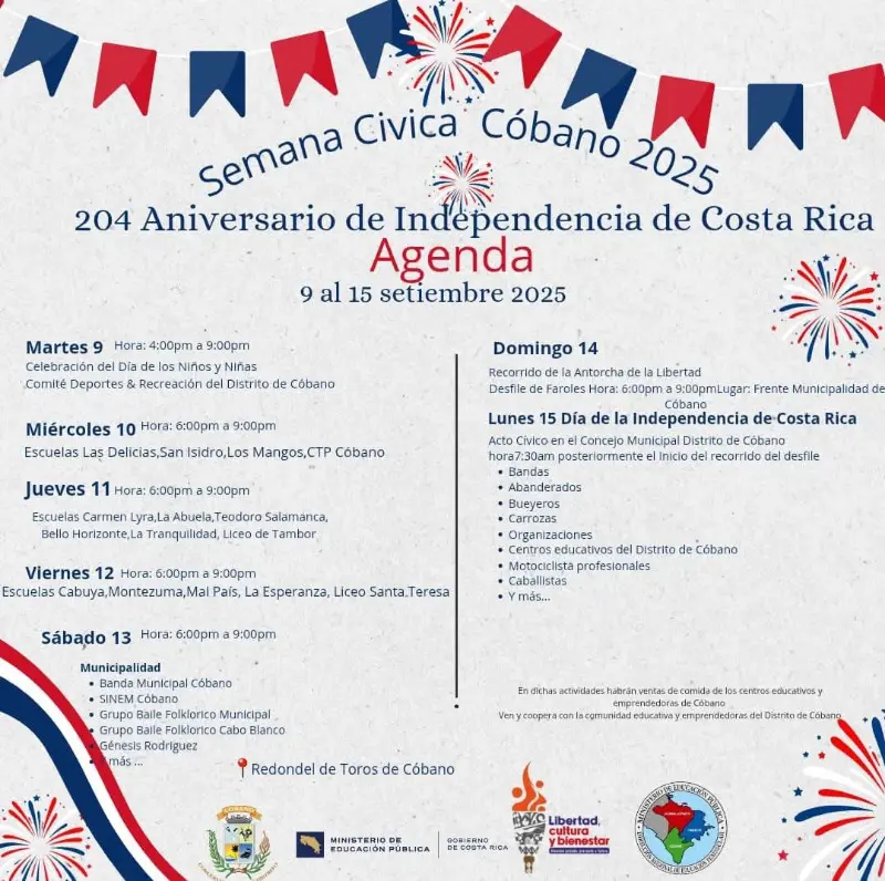 Que hacer hoy en Costa Rica: Del 9 al 15 de septiembre, Cóbano celebra el 204 aniversario de la independencia con desfiles, música, bailes y actividades cívicas.