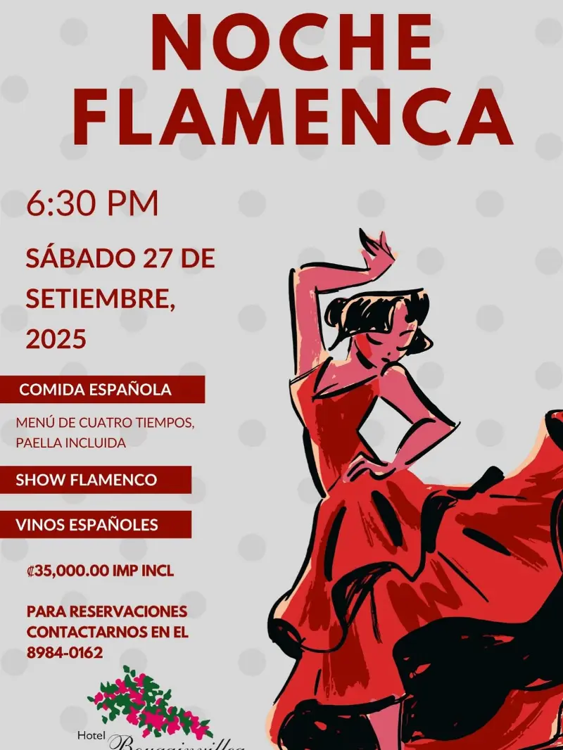 Que hacer hoy en Costa Rica: Disfrutá una velada especial con cena española, vinos y un show flamenco en vivo este 27 de septiembre en el Hotel Bougainvillea.