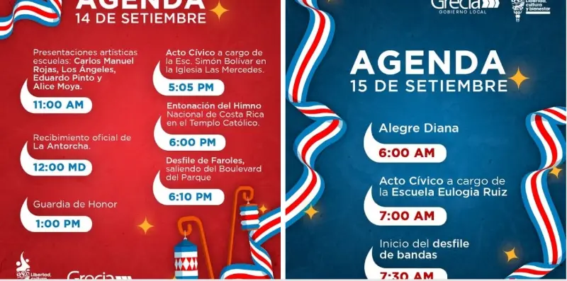 Que hacer hoy en Costa Rica: Grecia celebra la Independencia de Costa Rica con actividades especiales los días 14 y 15 de septiembre en el centro del cantón.