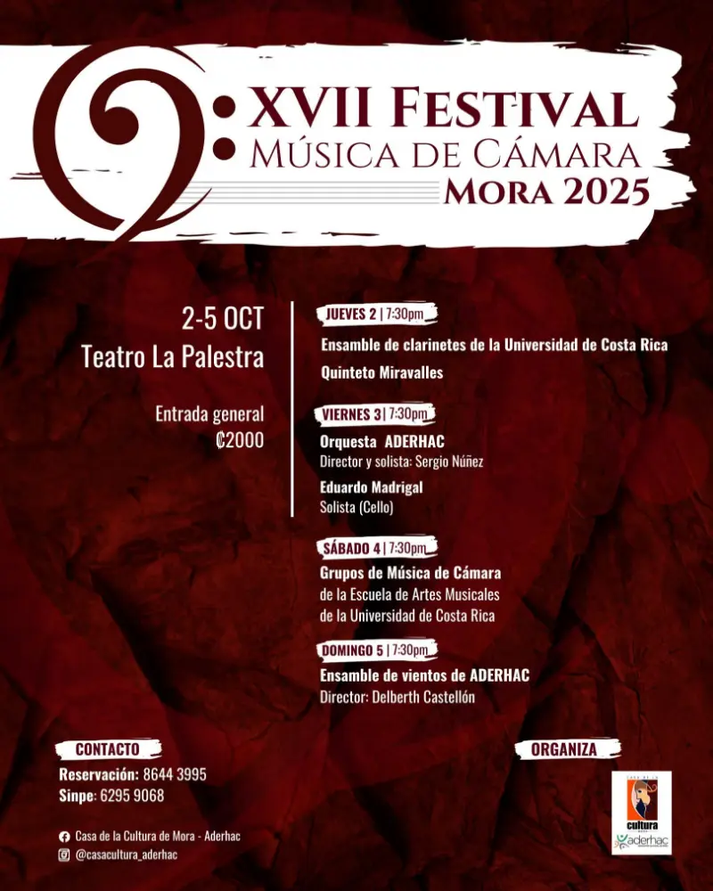Que hacer hoy en Costa Rica: Del 2 al 5 de octubre disfrutá de cuatro noches de música de cámara con ensambles y solistas nacionales en el Teatro La Palestra.