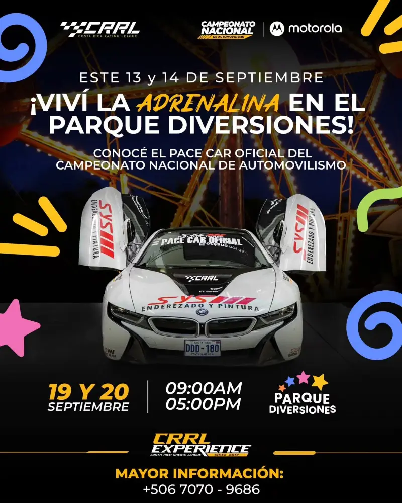 Que hacer hoy en Costa Rica: Disfrutá la adrenalina del automovilismo este 13, 14, 19 y 20 de septiembre en Parque Diversiones con los autos oficiales del Campeonato Nacional.