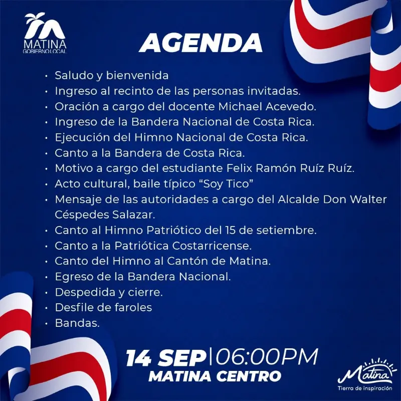 Que hacer hoy en Costa Rica: El 14 de septiembre Matina Centro celebra la independencia con acto cívico y desfile de faroles desde las 6:00 p.m.