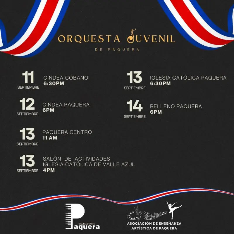 Que hacer hoy en Costa Rica: La Orquesta Juvenil de Paquera celebra las fiestas patrias con presentaciones en diferentes comunidades del 11 al 14 de septiembre.