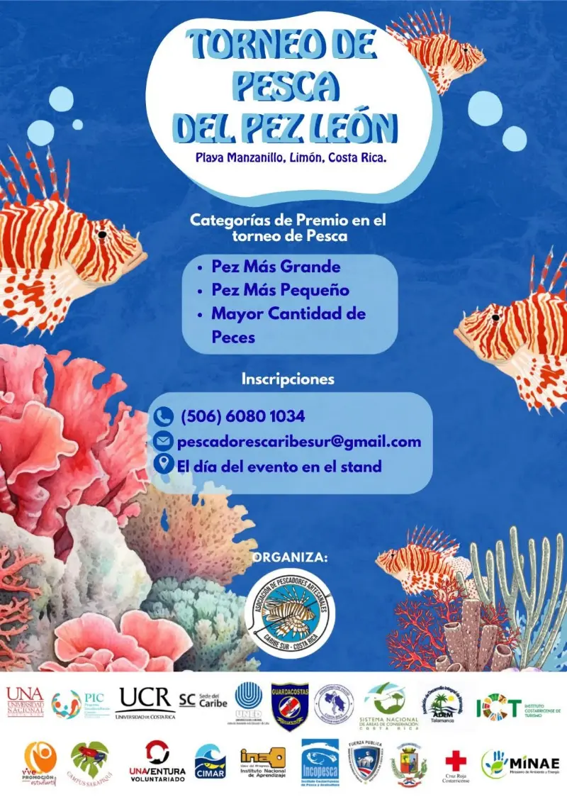 Que hacer hoy en Costa Rica: Vení al torneo de pesca del pez león el 27 y 28 de septiembre en Playa Manzanillo, con premios para el pez más grande, el más pequeño y la mayor cantidad.