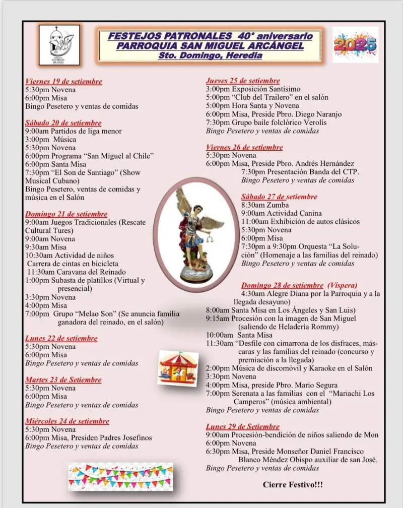 Que hacer hoy en Costa Rica: Del 19 al 29 de setiembre celebrá con nosotros el 40 aniversario de la Parroquia San Miguel Arcángel en Sto. Domingo, Heredia.