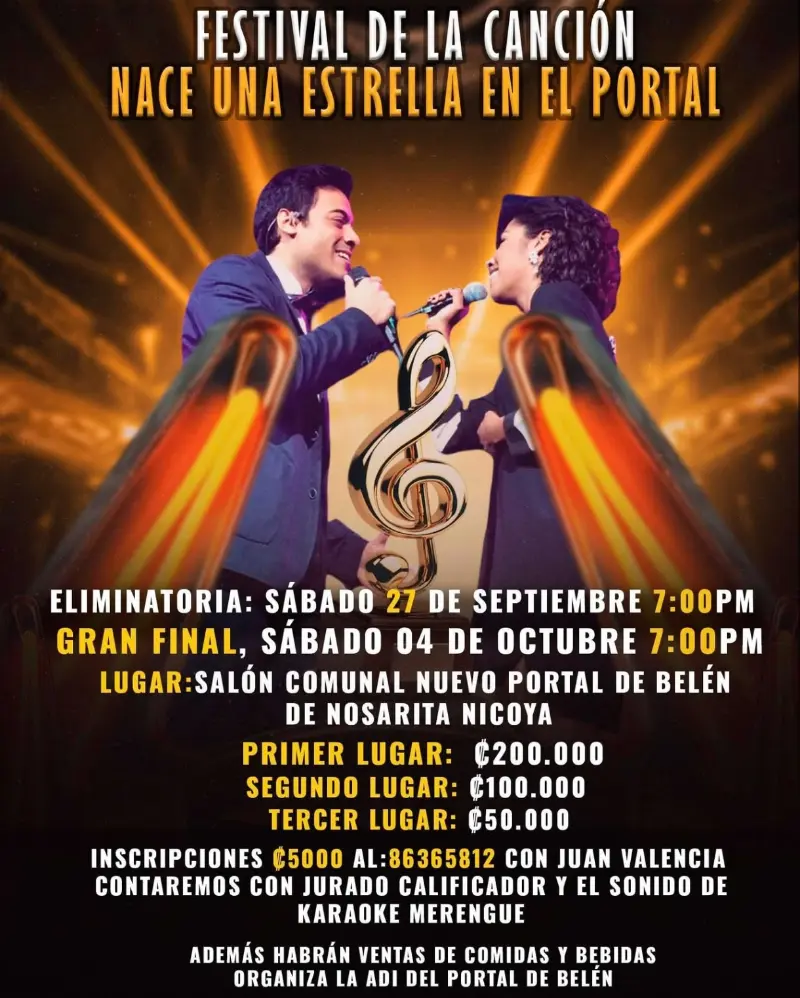 Que hacer hoy en Costa Rica: El 27 de setiembre y 4 de octubre disfrutá del Festival de la Canción en el Portal de Belén, Nosarita, Nicoya.