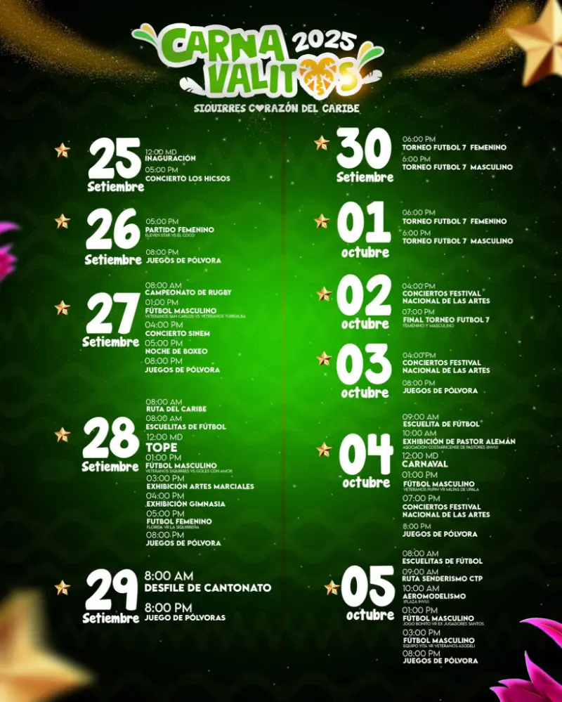 Que hacer hoy en Costa Rica: Del 25 de setiembre al 5 de octubre, Siquirres se llena de color, cultura y tradición con los Carnavalitos 2025.