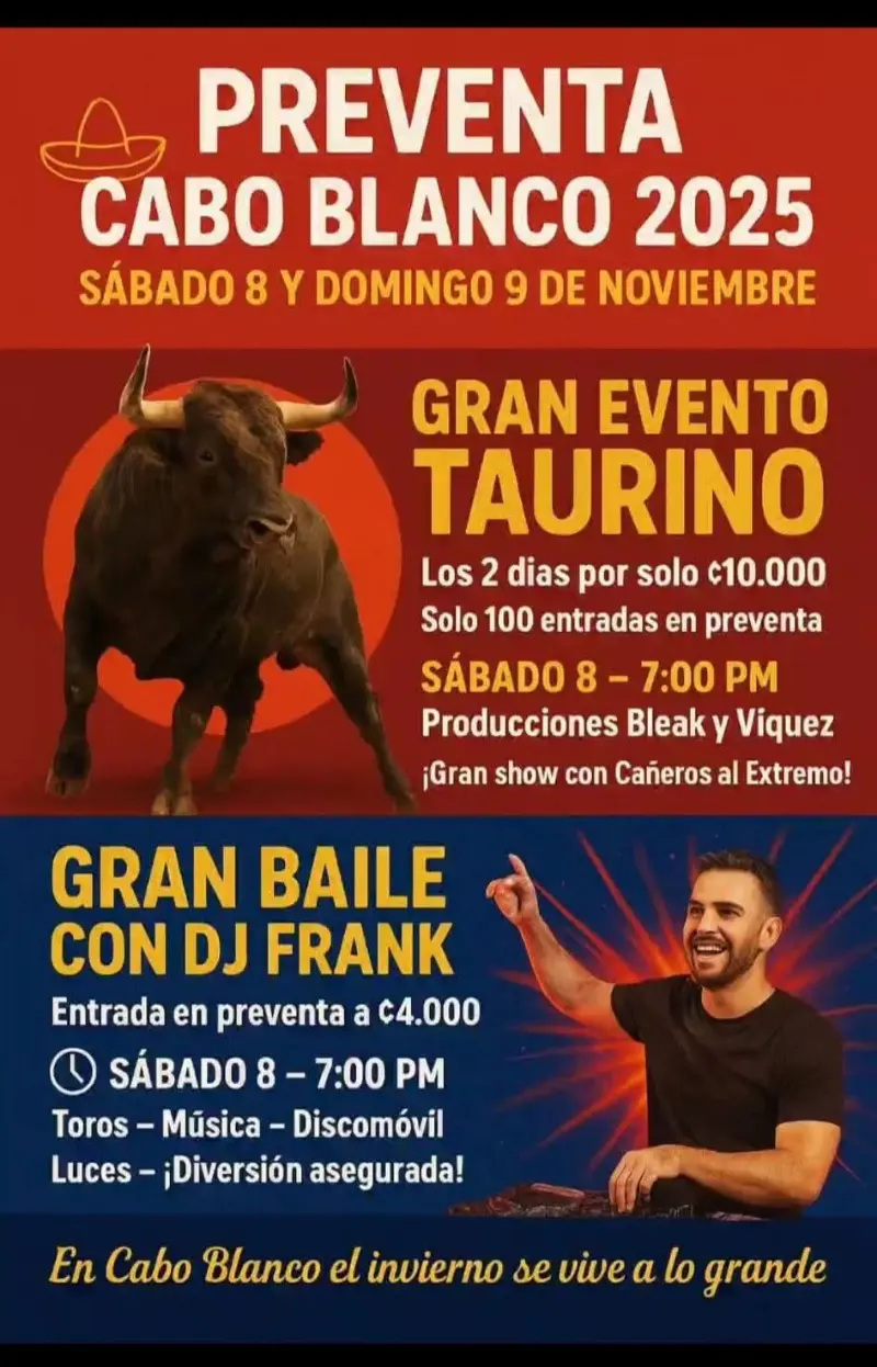 Que hacer hoy en Costa Rica: Dos días de pura adrenalina y música en Cabo Blanco con toros, show de monta y un gran baile con DJ Frank.