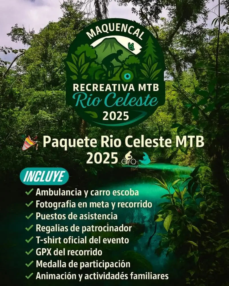 Que hacer hoy en Costa Rica: Una recreativa MTB en Río Celeste con rutas de 25 km y 35 km, ideal para vivir la aventura en medio de la naturaleza.