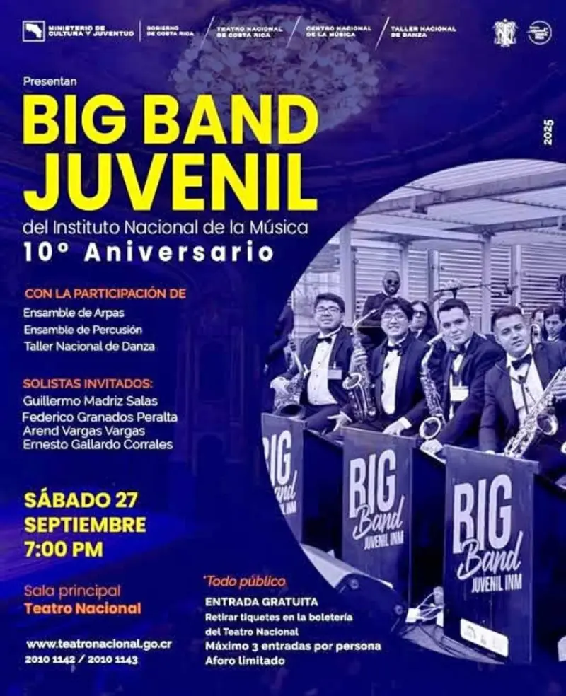 Que hacer hoy en Costa Rica: La Big Band Juvenil del Instituto Nacional de la Música celebra su décimo aniversario con un gran concierto en el Teatro Nacional.