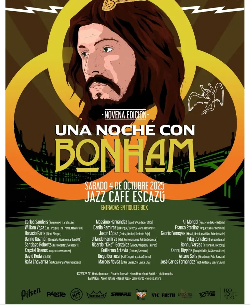 Que hacer hoy en Costa Rica: 23 bateristas costarricenses (+1 invitado de EUA) rinden tributo a John Bonham de Led Zeppelin el sábado 4 de octubre en Jazz Café Escazú.