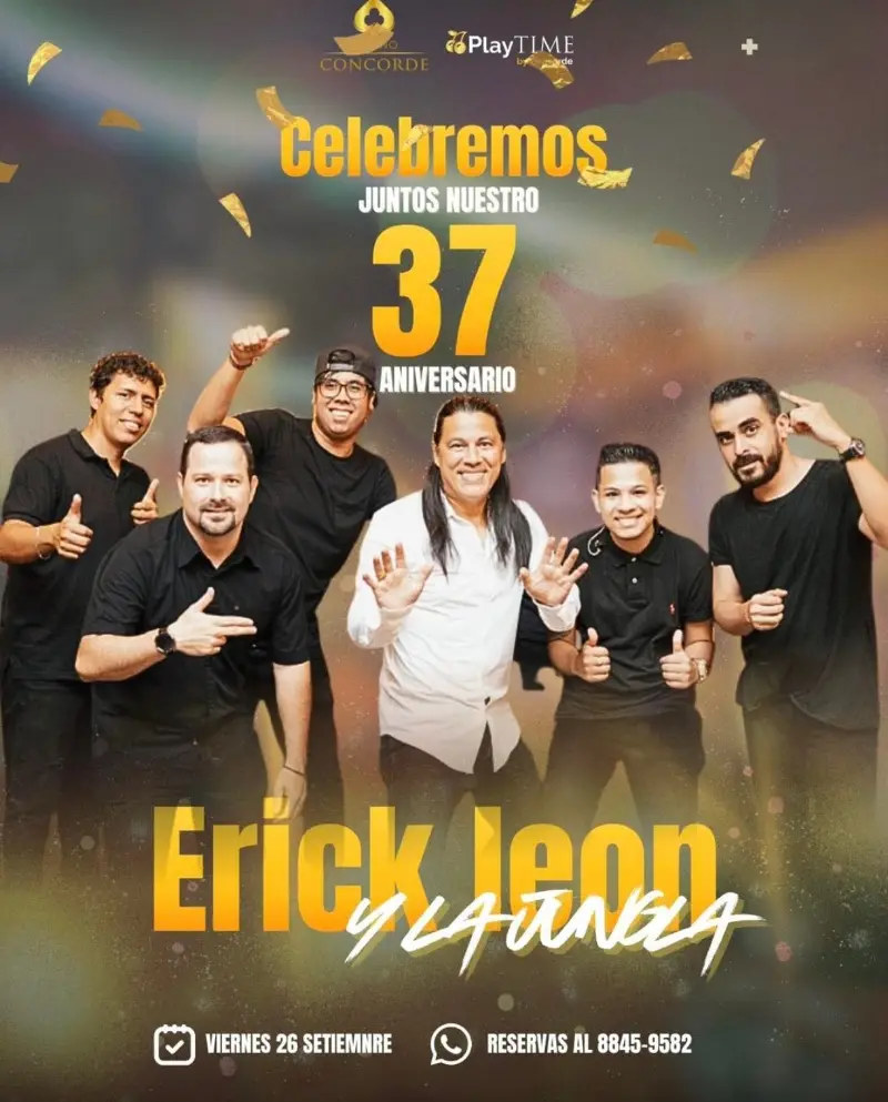 Que hacer hoy en Costa Rica: Gran fiesta de aniversario 37 del Concorde con la música de Erick León y La Jungla.