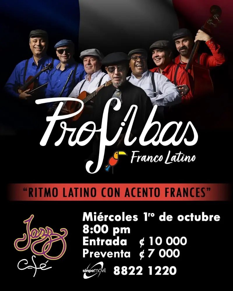 Que hacer hoy en Costa Rica: La banda Profibas presenta su espectáculo 'Ritmo latino con acento francés' en el Jazz Café.