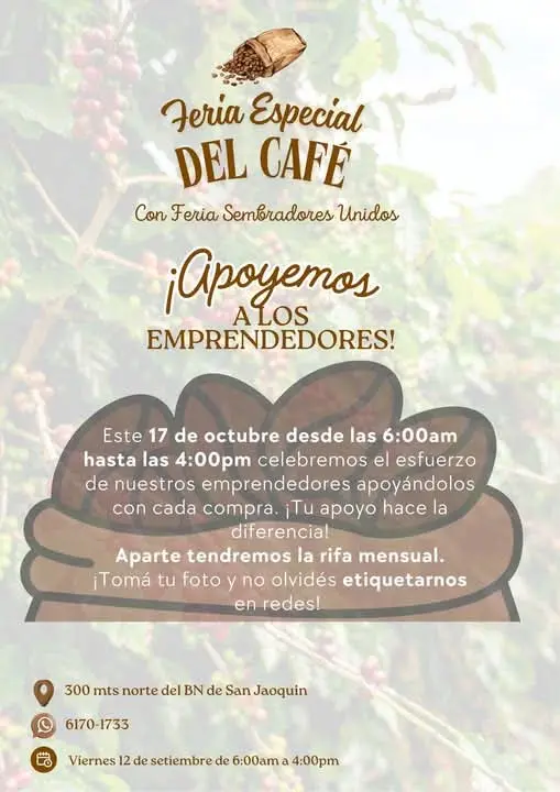 Que hacer hoy en Costa Rica: El 17 de octubre disfrutá de la Feria del Café en San Joaquín de Flores, con productos, sabor y tradición.