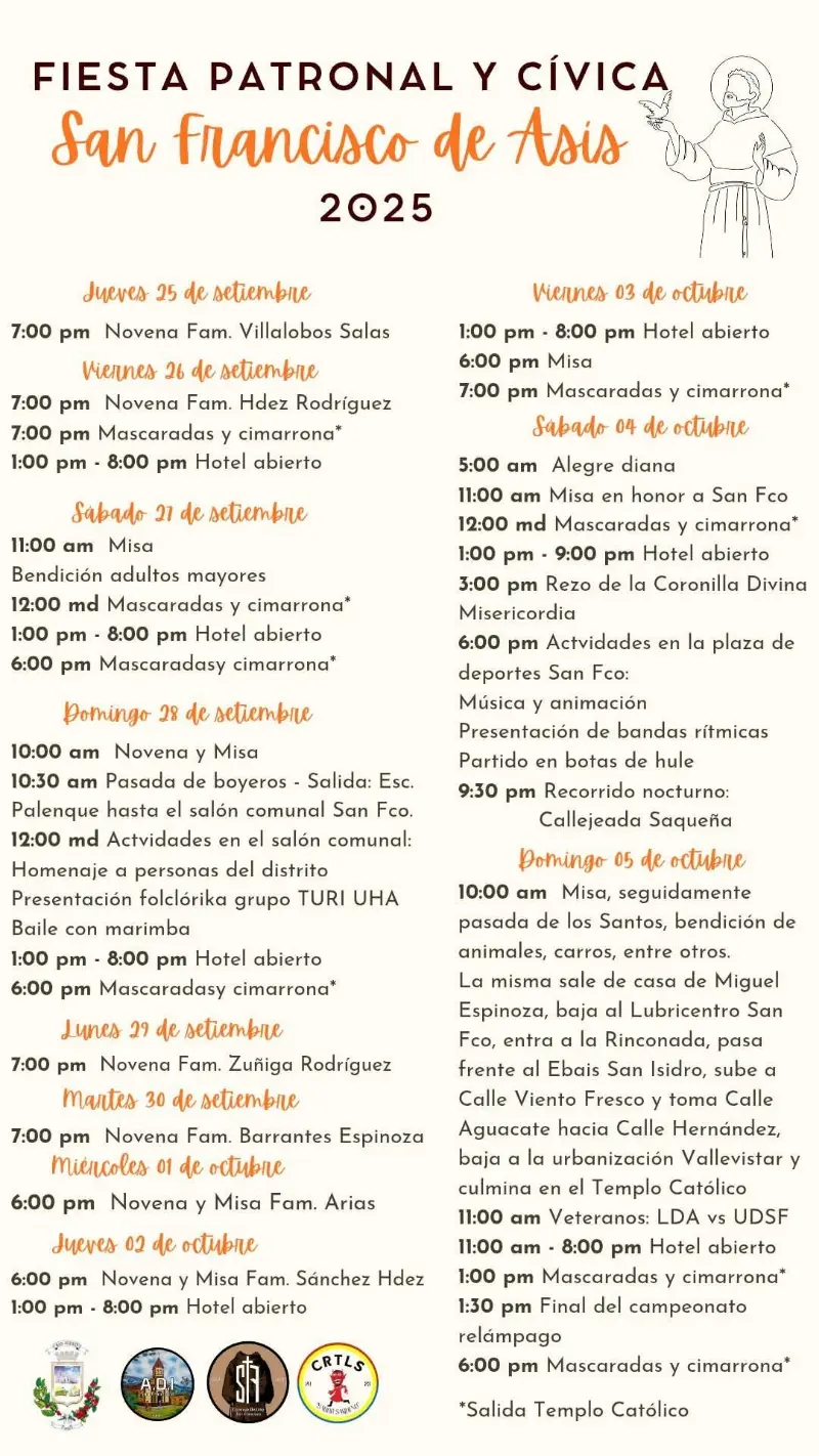 Que hacer hoy en Costa Rica: La Saca se llena de música y tradición con mascaradas, cimarrona, pasacalles y actividades religiosas y culturales del 25 de septiembre al 5 de octubre.