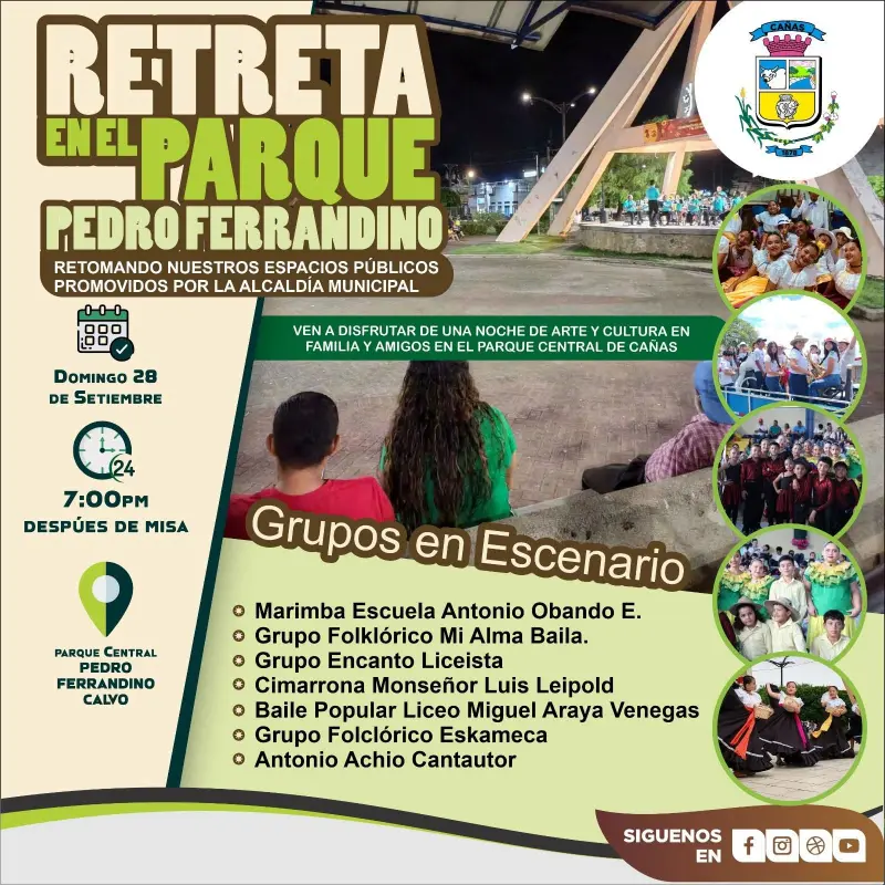Que hacer hoy en Costa Rica: Una noche de música y tradición en el Parque Central Pedro Ferrandino Calvo el domingo 28 de septiembre a las 7:00 p.m.