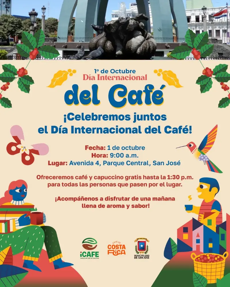Que hacer hoy en Costa Rica: Celebremos juntos el Día Internacional del Café este 1 de octubre con café y cappuccino gratis en el Parque Central de San José.