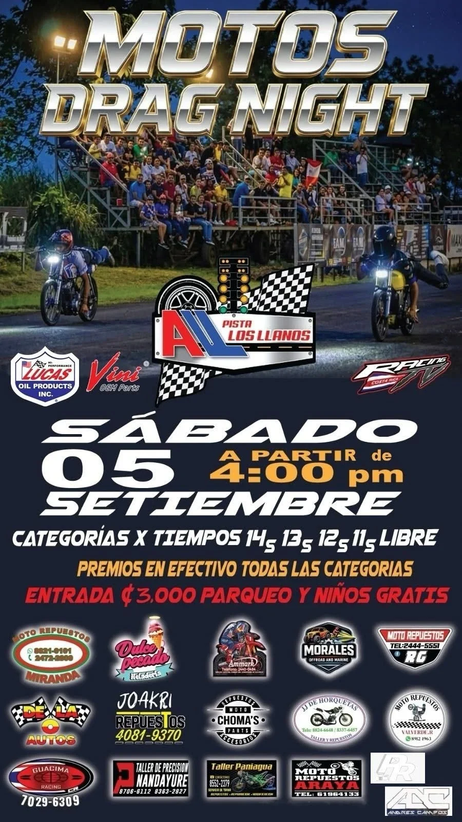Disfruta de una emocionante noche de carreras de motos en Pista Los Llanos con varias categorías y premios en efectivo.