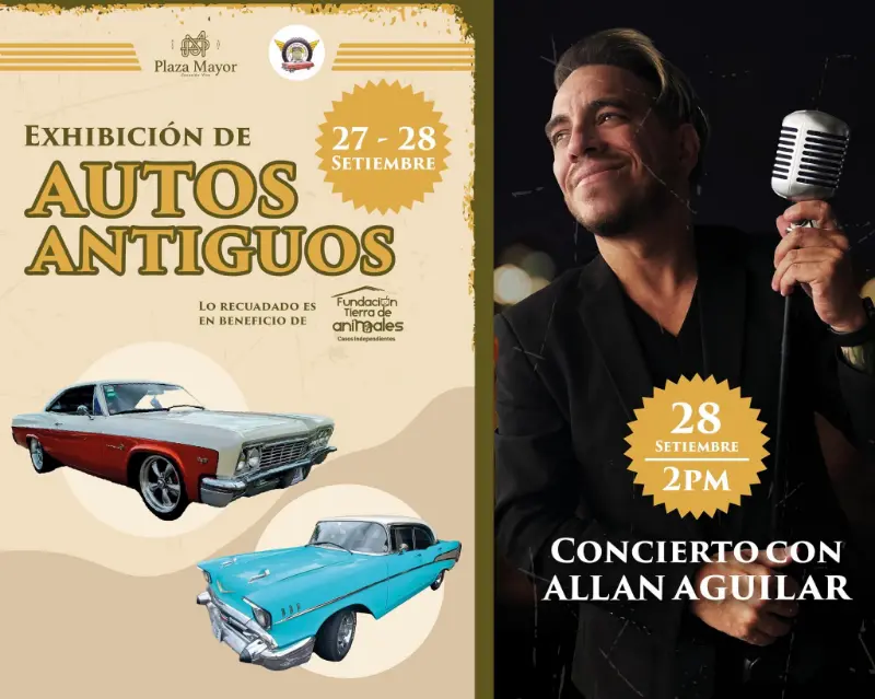 Que hacer hoy en Costa Rica: Plaza Mayor II Etapa te invita el 27 y 28 de septiembre a la Exhibición de Autos Antiguos, con un concierto especial de Allan Aguilar el 28 de septiembre a las 2:00 p.m.