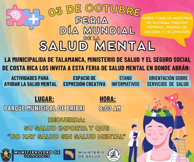 Que hacer hoy en Costa Rica: El 3 de octubre en el Parque Municipal de Bribrí desde las 9:00 a.m., viví una jornada de bienestar integral con actividades, stands informativos y servicios de salud gratuitos.