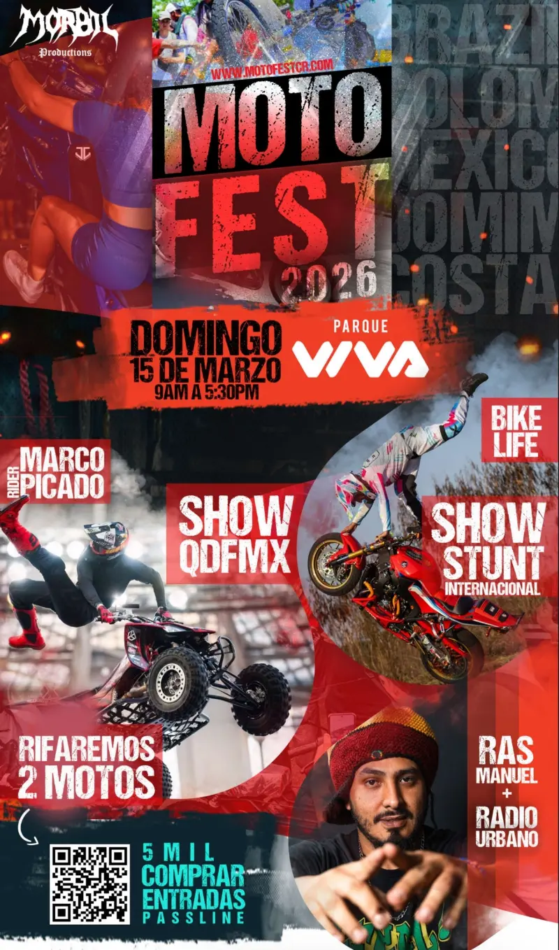 Que hacer hoy en Costa Rica: El festival de motores más esperado del año llega a Parque Viva el 15 de marzo con shows de stunt, QDFMX, música en vivo y la rifa de 2 motos.