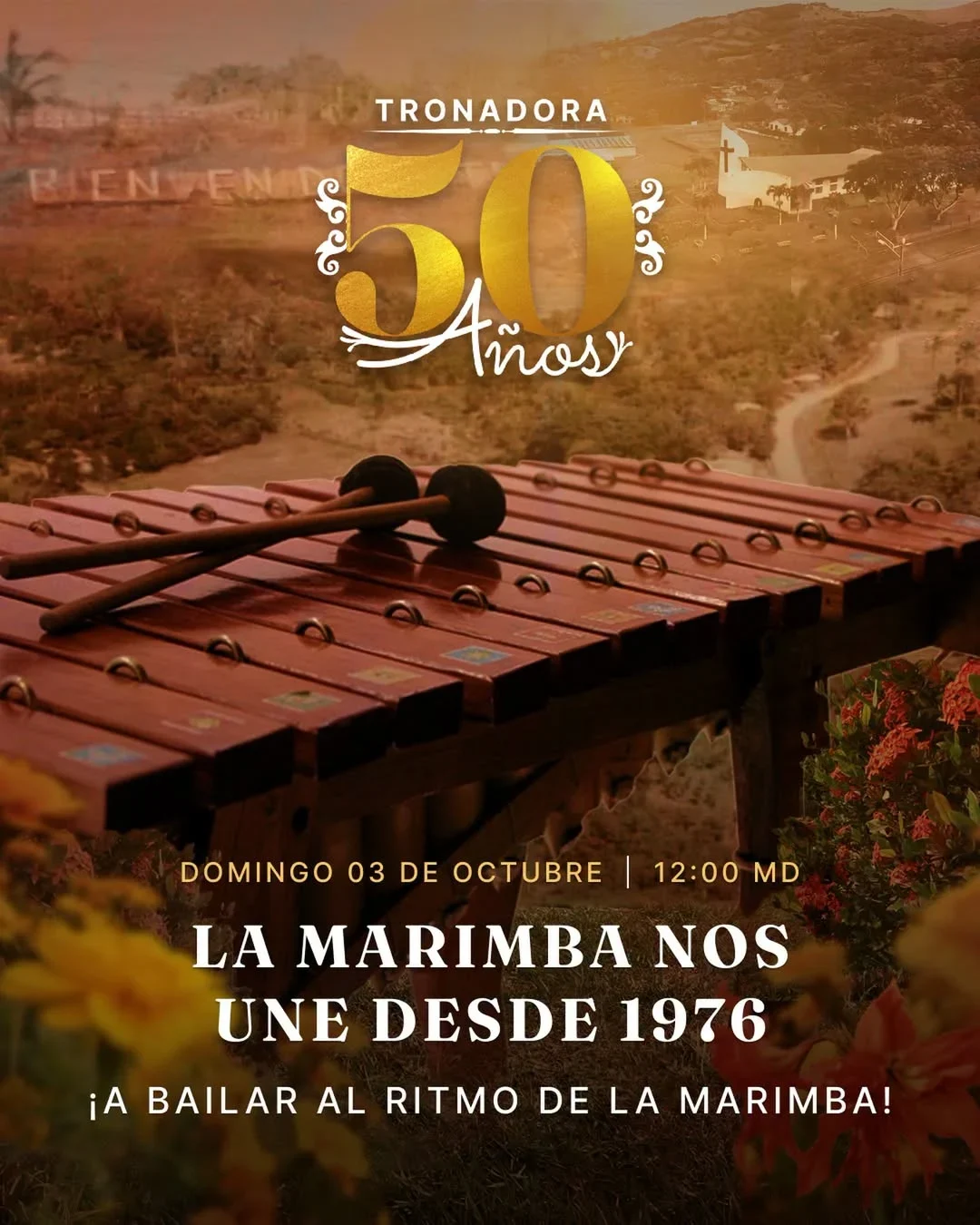 Evento de marimba en vivo para celebrar los 50 años de Tronadora con música y baile en Tilarán, Guanacaste.