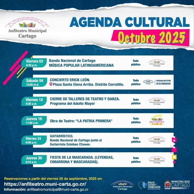 Que hacer hoy en Costa Rica: El Anfiteatro Municipal de Cartago presenta su agenda cultural para octubre con conciertos, teatro, talleres y mascaradas.