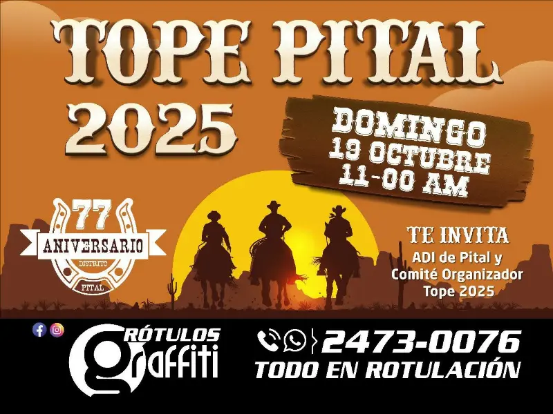 Que hacer hoy en Costa Rica: Celebra el 77° aniversario del distrito de Pital con su tradicional tope lleno de música, caballos y alegría.
