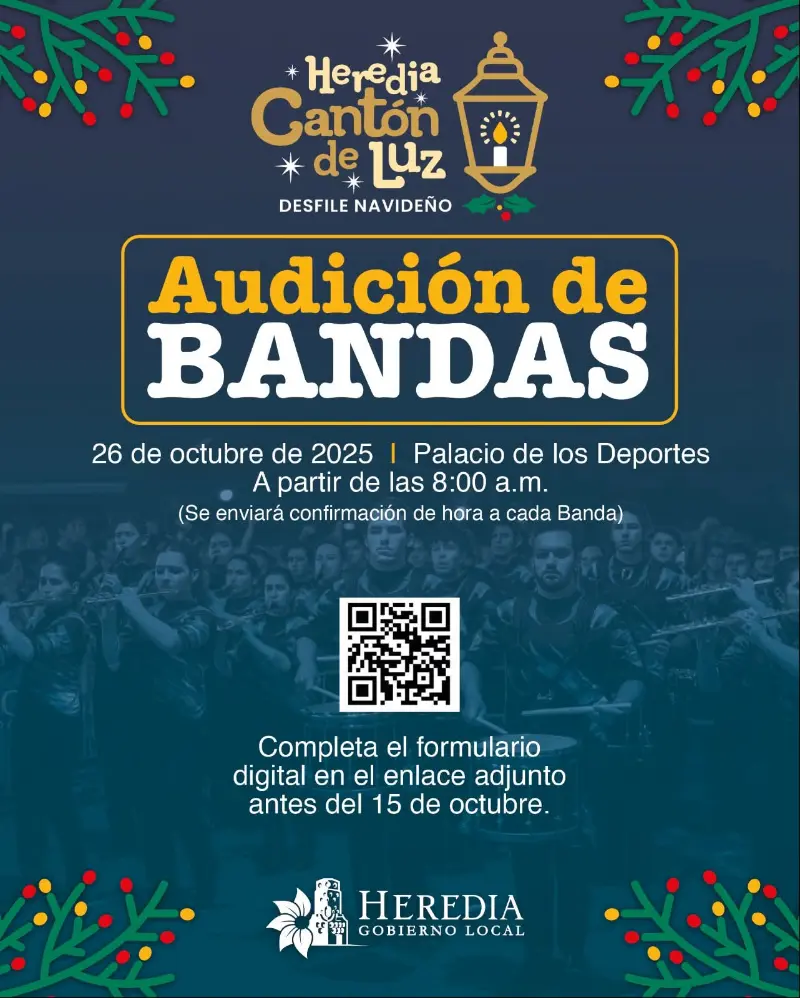 Que hacer hoy en Costa Rica: La Municipalidad de Heredia abre convocatoria para bandas que deseen participar en el Desfile Navideño Cantón de Luz 2025.
