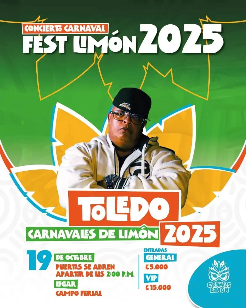 Que hacer hoy en Costa Rica: El gran Toledo se presenta en vivo en el Campo Ferial de Limón este 19 de octubre como parte del Carnaval Fest Limón 2025.