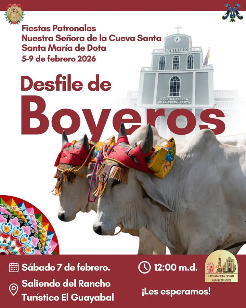 Que hacer hoy en Costa Rica: El tradicional Desfile de Boyeros regresa a Santa María de Dota este 7 de febrero como parte de las Fiestas Patronales en honor a Nuestra Señora de la Cueva Santa.