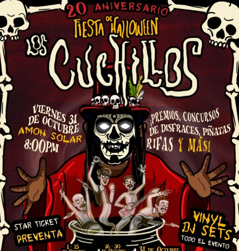 Que hacer hoy en Costa Rica: Los Cuchillos celebran 20 años con una fiesta de Halloween llena de rock, disfraces, premios y DJ sets en Amón Solar y El Sótano este 31 de octubre.
