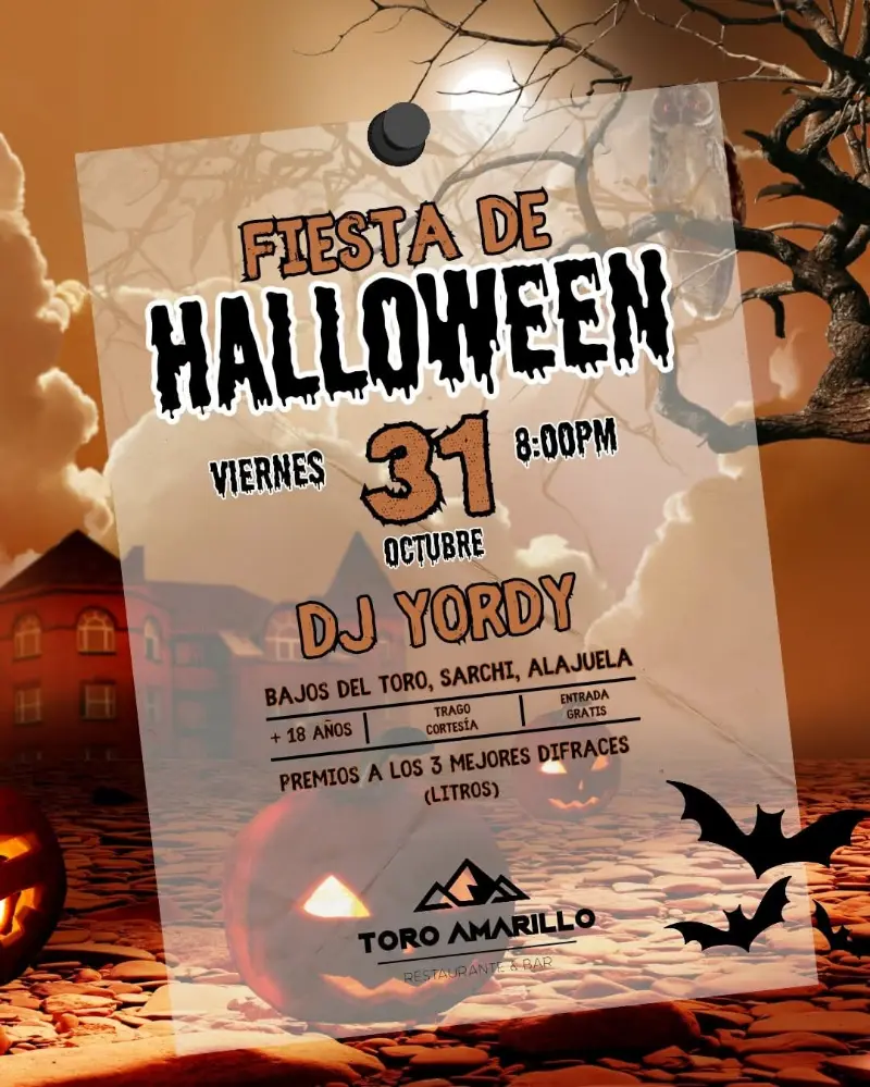 Que hacer hoy en Costa Rica: Este 31 de octubre disfrutá la mejor Fiesta de Halloween en Sarchí con DJ Yordy, premios a los mejores disfraces y entrada gratuita.