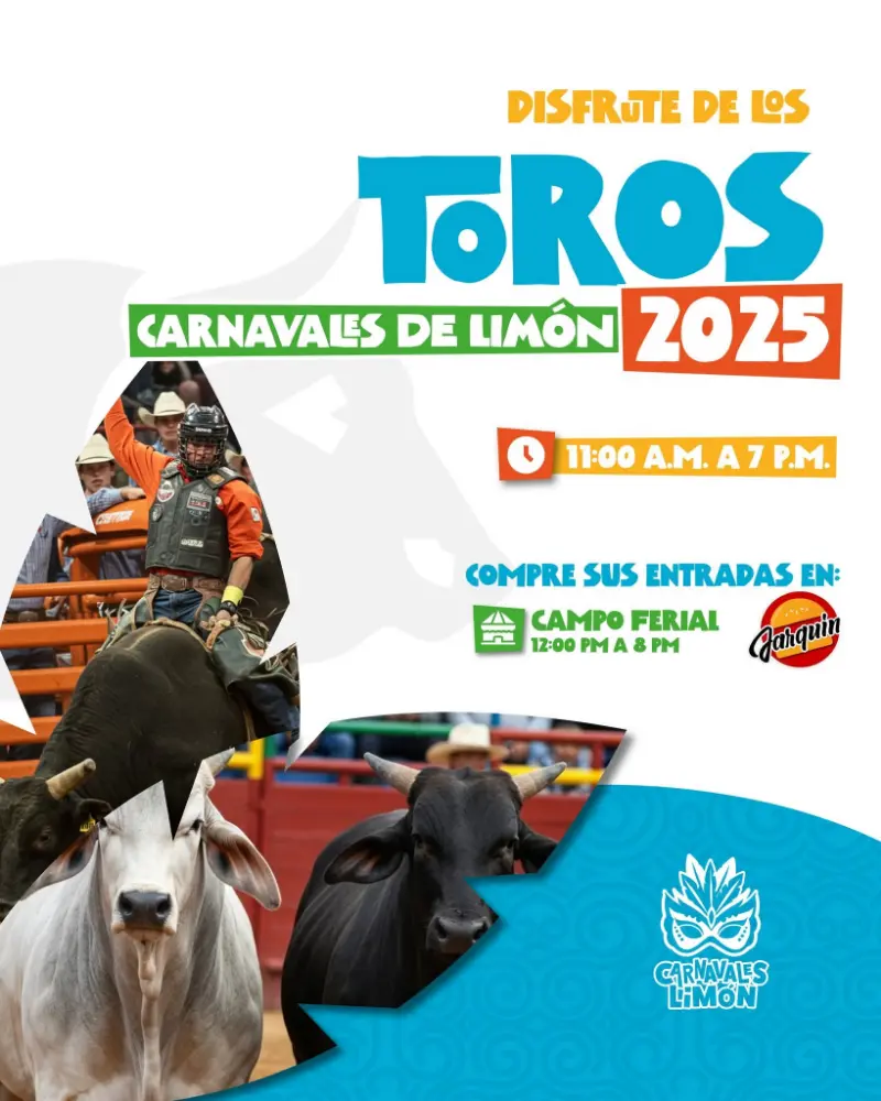 Que hacer hoy en Costa Rica: Viva la emoción de los toros en los Carnavales de Limón 2025, con diversión para toda la familia en el Campo Ferial.