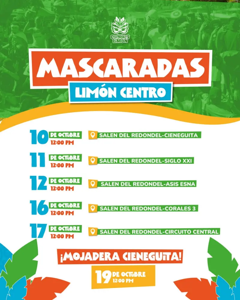 Que hacer hoy en Costa Rica: Disfrutá las tradicionales mascaradas y mojadera en Limón Centro del 10 al 19 de octubre, parte de los Carnavales de Limón 2025.
